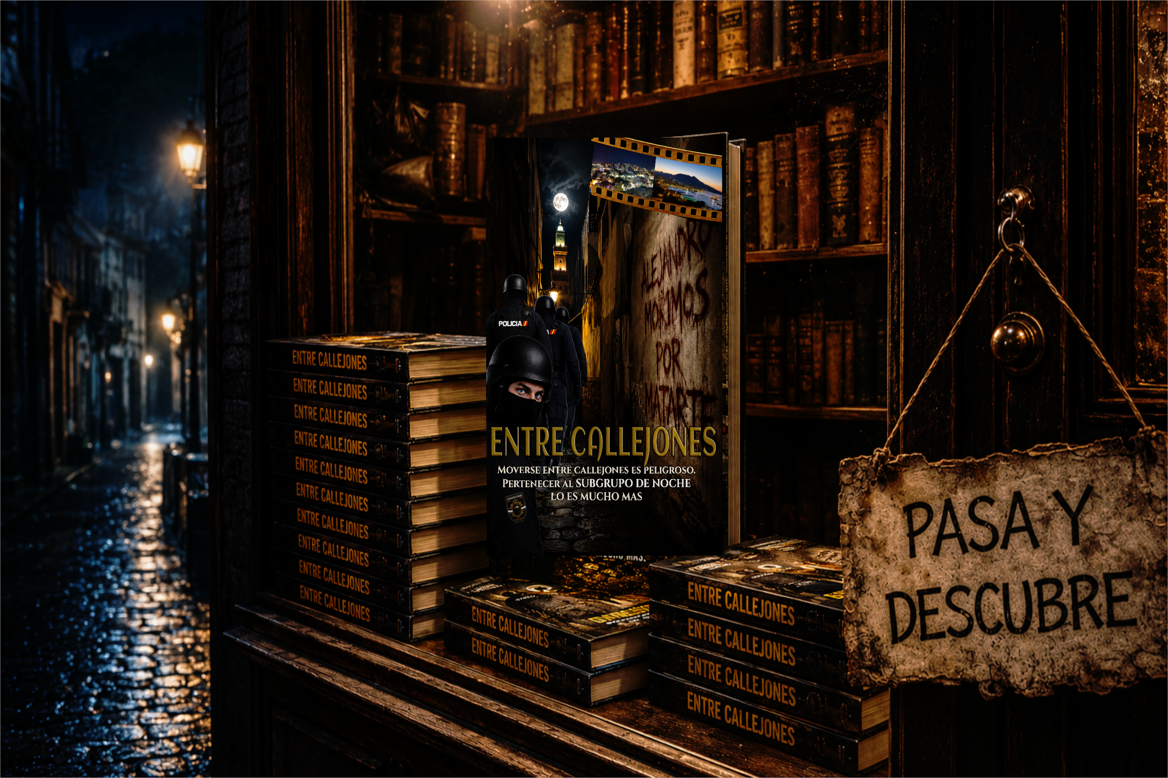 Entre callejones expuesta en el escaparate de una antigua librería