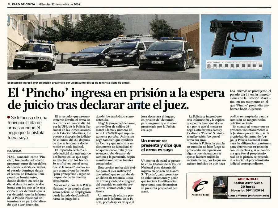 Recorte de prensa titulado «Un arma cargada en El Príncipe Alfonso» publicado por El Faro de Ceuta.