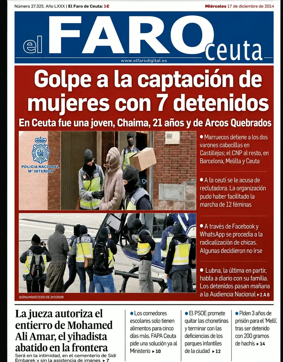 Recorte de prensa titulado «Golpe a la captación de mujeres» publicado por El Faro de Ceuta.