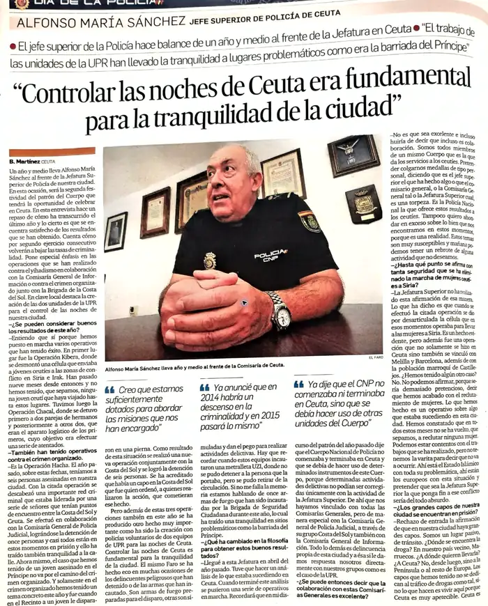 Recorte de prensa titulado «“Controlar las noches de Ceuta era fundamental”» publicado por El Faro de Ceuta.