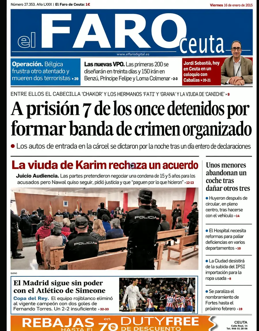 Recorte de prensa titulado «A prisión siete de los once detenidos» publicado por El Faro de Ceuta.