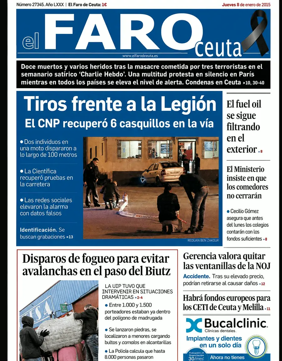 Recorte de prensa titulado «Tiros frente a la Legión» publicado por El Faro de Ceuta.