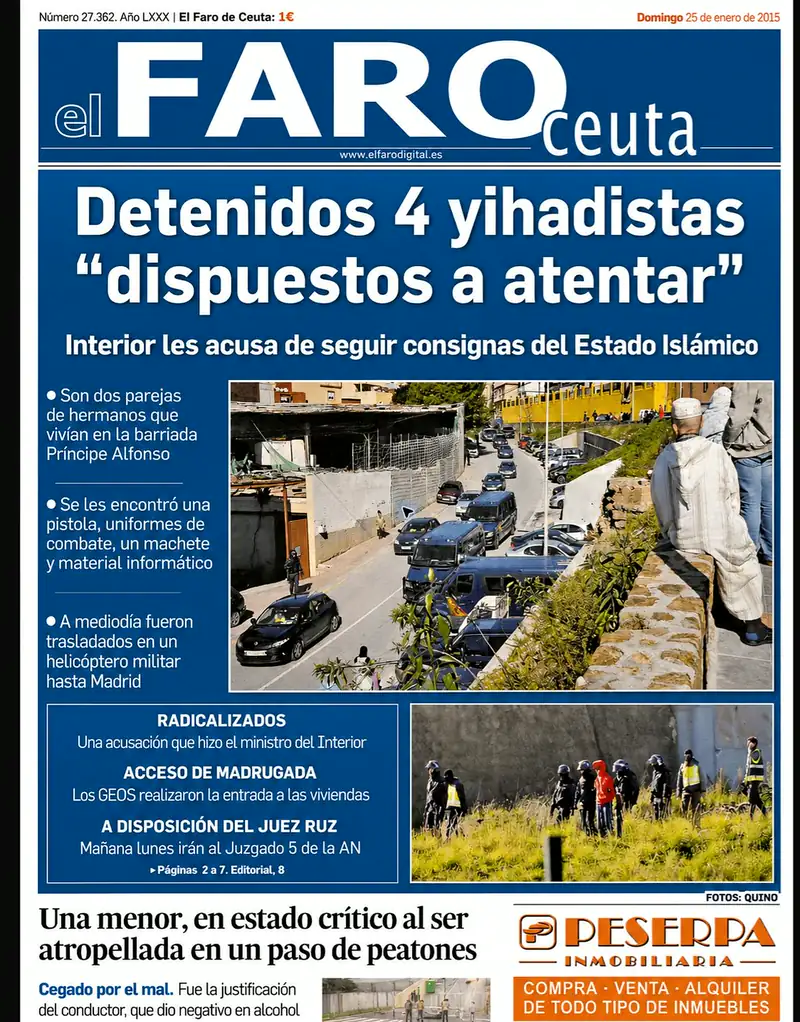 Recorte de prensa titulado «Detenidos cuatro yihadistas “dispuestos a atentar”» publicado por El Faro de Ceuta.