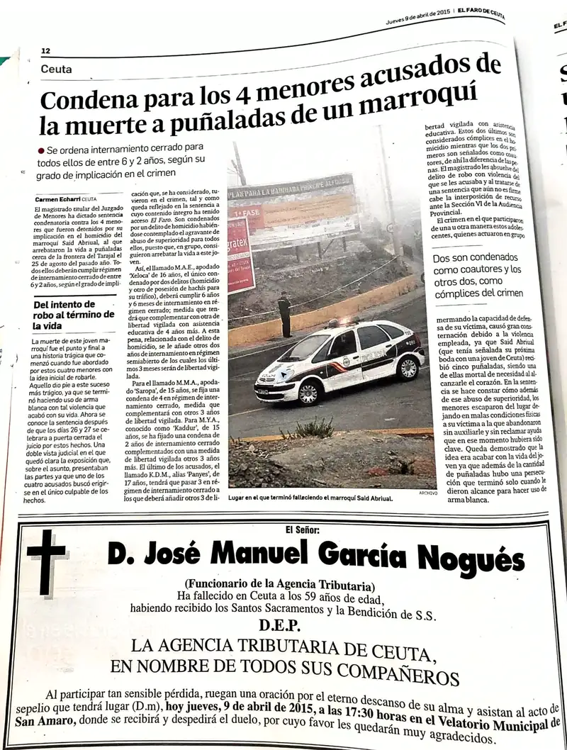 Recorte de prensa titulado «Condena por la muerte a puñaladas de un marroquí» publicado por El Faro de Ceuta.