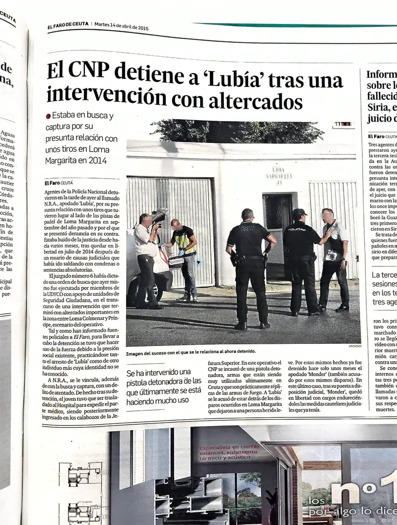Recorte de prensa titulado «El CNP detiene a “Lubiá” tras una intervención con altercados» publicado por El Faro de Ceuta.