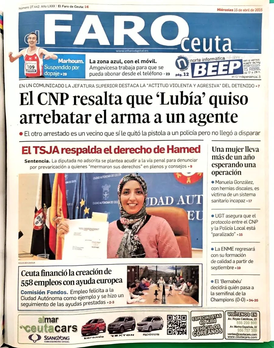 Recorte de prensa titulado «“Lubiá” quiso arrebatar el arma a un agente» publicado por El Faro de Ceuta.