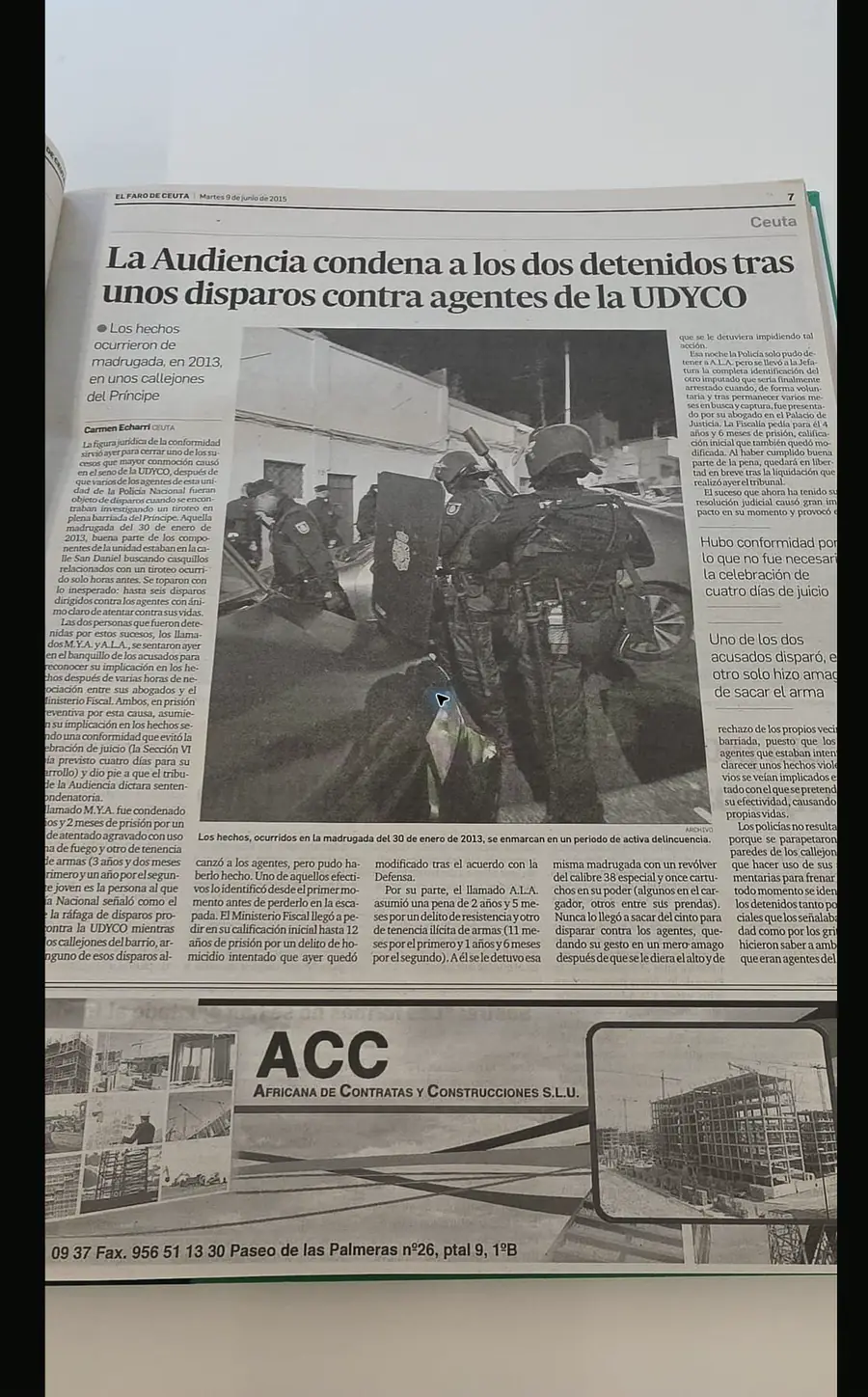 Recorte de prensa titulado «Condena por disparos contra agentes de la UDYCO» publicado por El Faro de Ceuta.