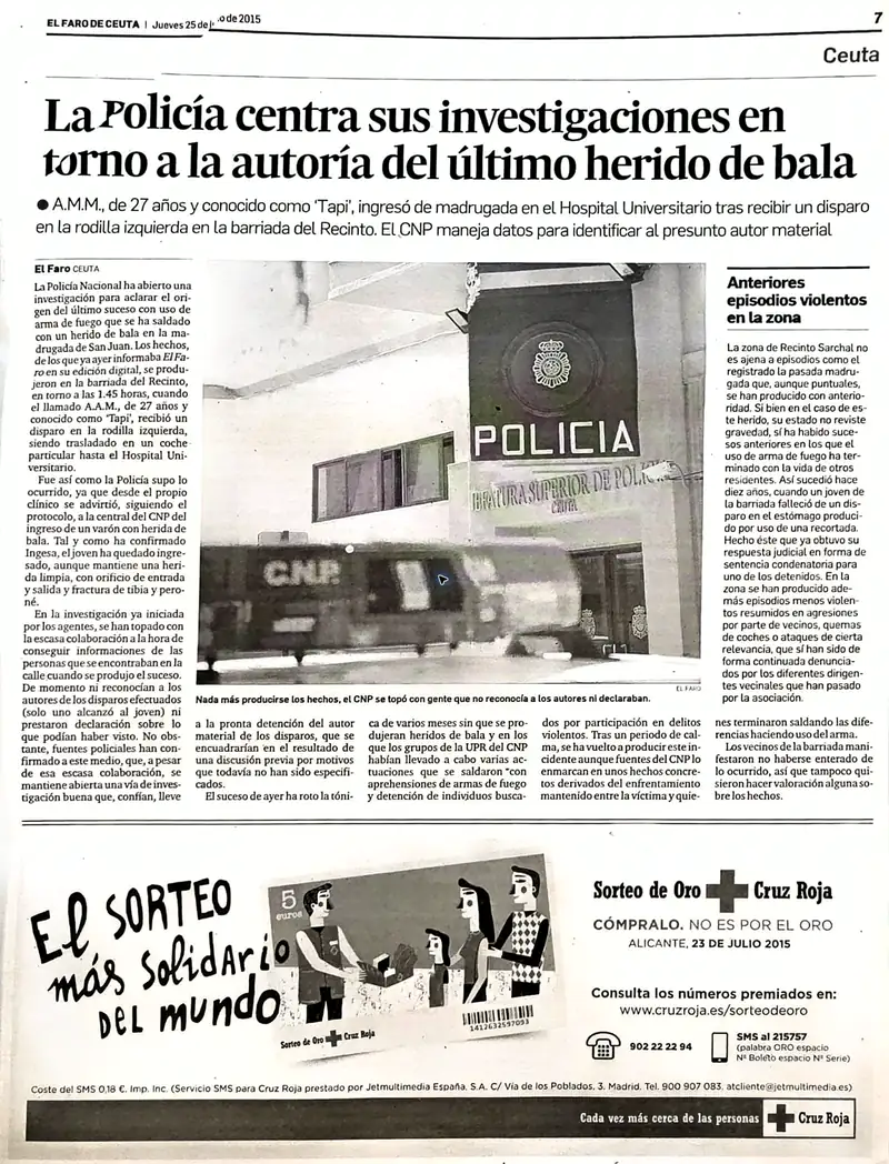 Recorte de prensa titulado «Investigaciones por el último herido de bala» publicado por El Faro de Ceuta.