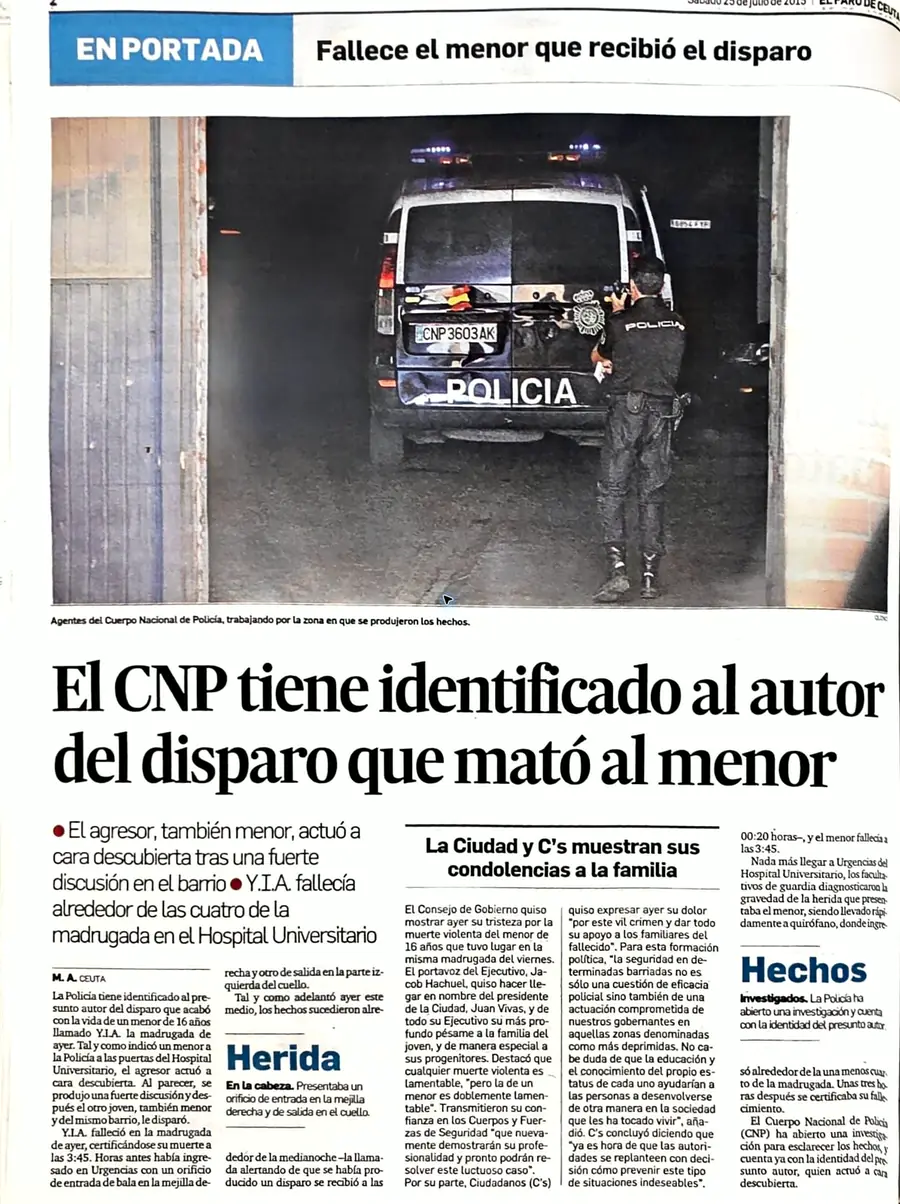 Recorte de prensa titulado «Identificado el autor del disparo que mató al menor» publicado por El Faro de Ceuta.