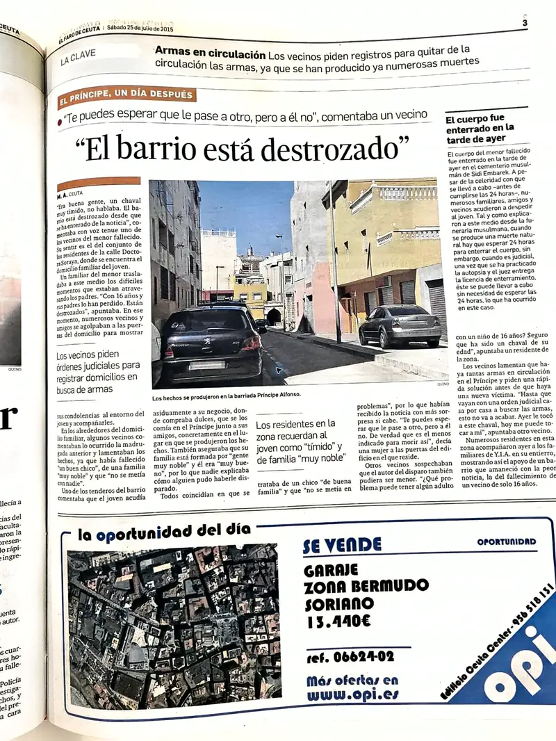 Recorte de prensa titulado «“El barrio está destrozado”» publicado por El Faro de Ceuta.