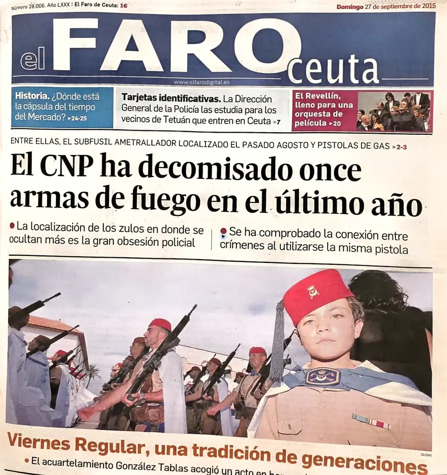 Recorte de prensa titulado «Once armas de fuego decomisadas en un año» publicado por El Faro de Ceuta.