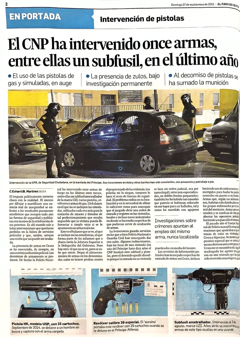 Recorte de prensa titulado «Intervención de pistolas» publicado por El Faro de Ceuta.