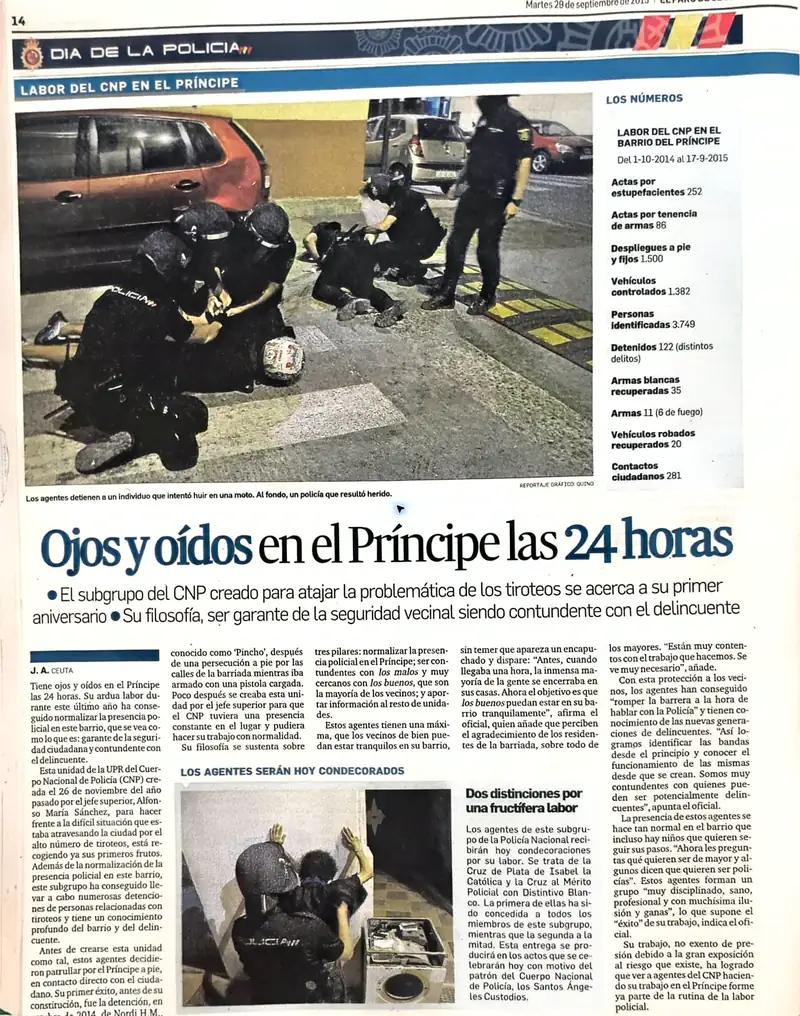 Recorte de prensa titulado «Ojos y oídos en el Príncipe las 24 horas» publicado por El Faro de Ceuta.