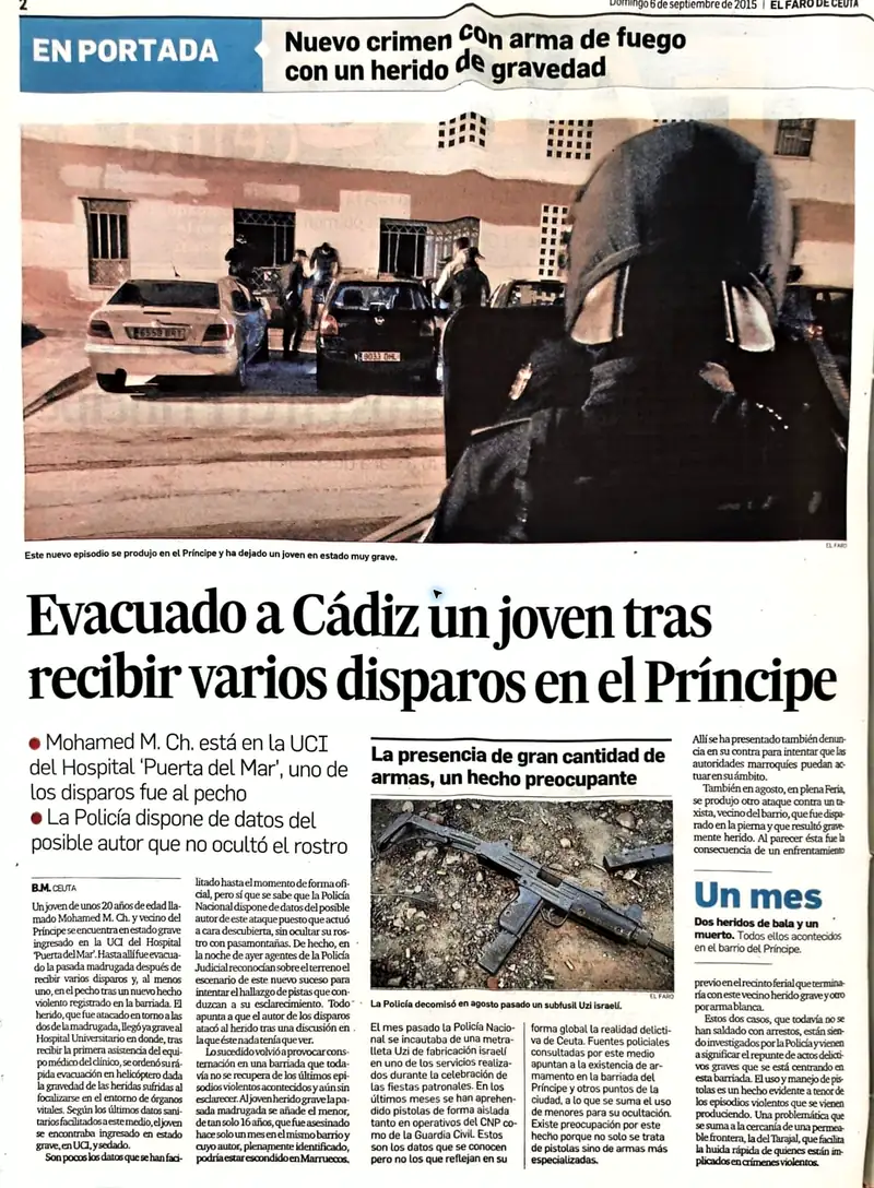 Recorte de prensa titulado «Evacuado a Cádiz un joven tras recibir varios disparos en el Príncipe» publicado por El Faro de Ceuta.