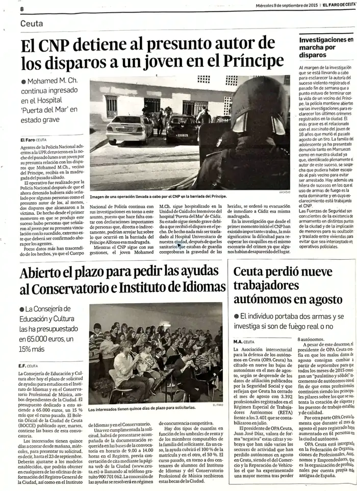 Recorte de prensa titulado «El CNP detiene al presunto autor de los disparos a un joven en el Príncipe» publicado por El Faro de Ceuta.