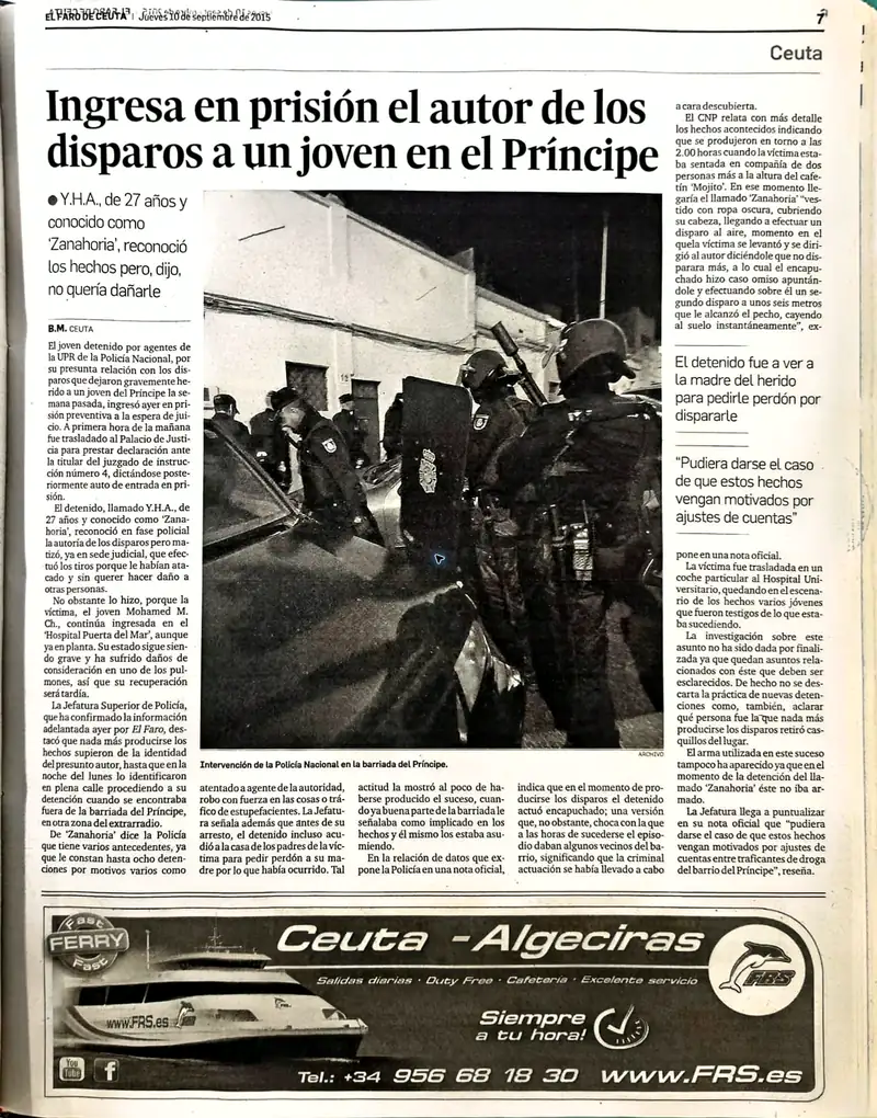 Recorte de prensa titulado «Ingresa en prisión el autor de los disparos a un joven en el Príncipe» publicado por El Faro de Ceuta.