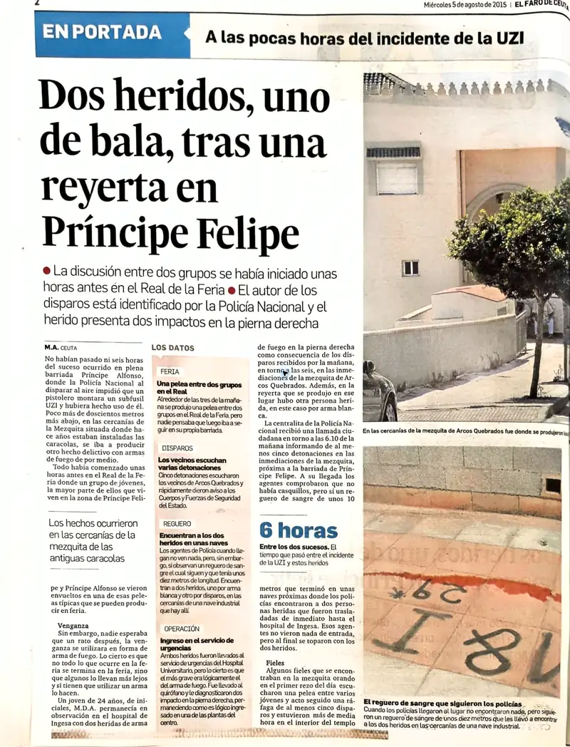 Recorte de prensa titulado «Dos heridos, uno de bala, tras una reyerta en Príncipe Felipe» publicado por El Faro de Ceuta.