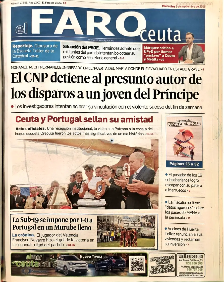 Recorte de prensa titulado «El CNP detiene al presunto autor de los disparos a un joven del Príncipe» publicado por El Faro de Ceuta.