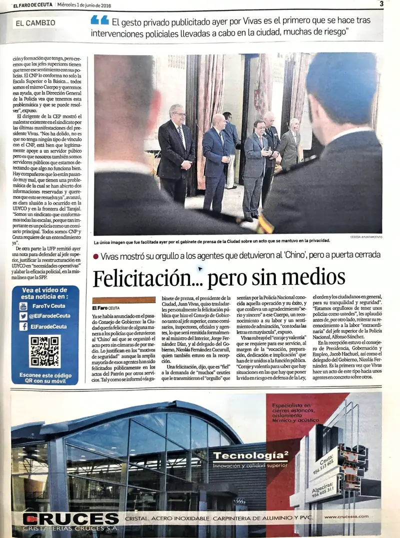 Recorte de prensa titulado «Felicitación… pero sin medios» publicado por El Faro de Ceuta.
