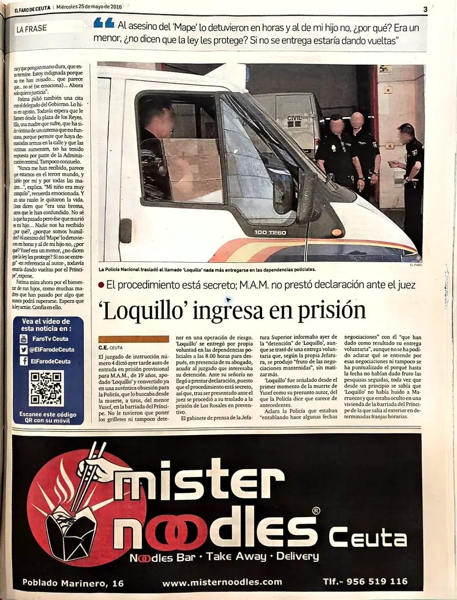 Recorte de prensa titulado ««Loquillo» ingresa en prisión» publicado por El Faro de Ceuta.