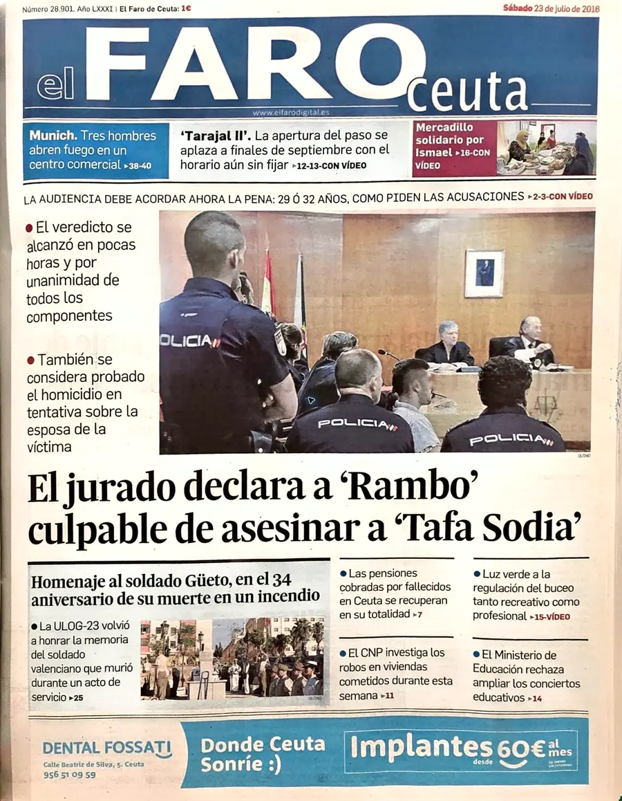Recorte de prensa titulado «El jurado declara a “Rambo” culpable de asesinar a “Tafa Sodia”» publicado por El Faro de Ceuta.
