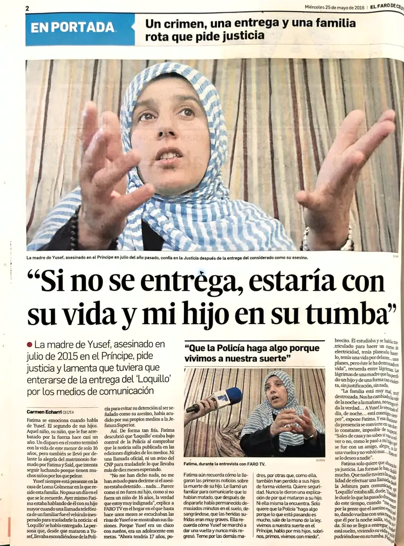 Recorte de prensa titulado «Un crimen, una entrega y una familia rota que pide justicia» publicado por El Faro de Ceuta.