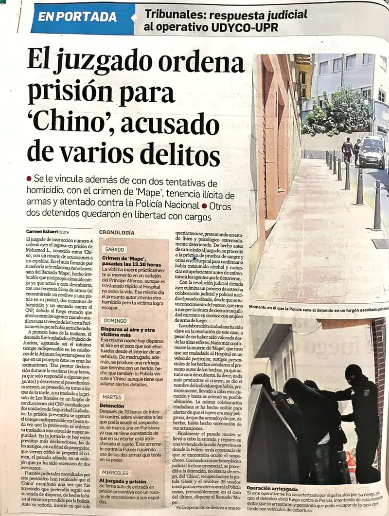 Recorte de prensa titulado «El juzgado ordena prisión para “Chino”, acusado de varios delitos» publicado por El Faro de Ceuta.