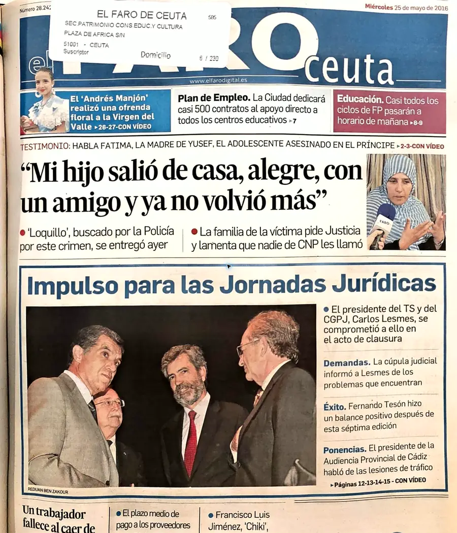 Recorte de prensa titulado «“Mi hijo salió de casa, alegre, con un amigo y ya no volvió más”» publicado por El Faro de Ceuta.