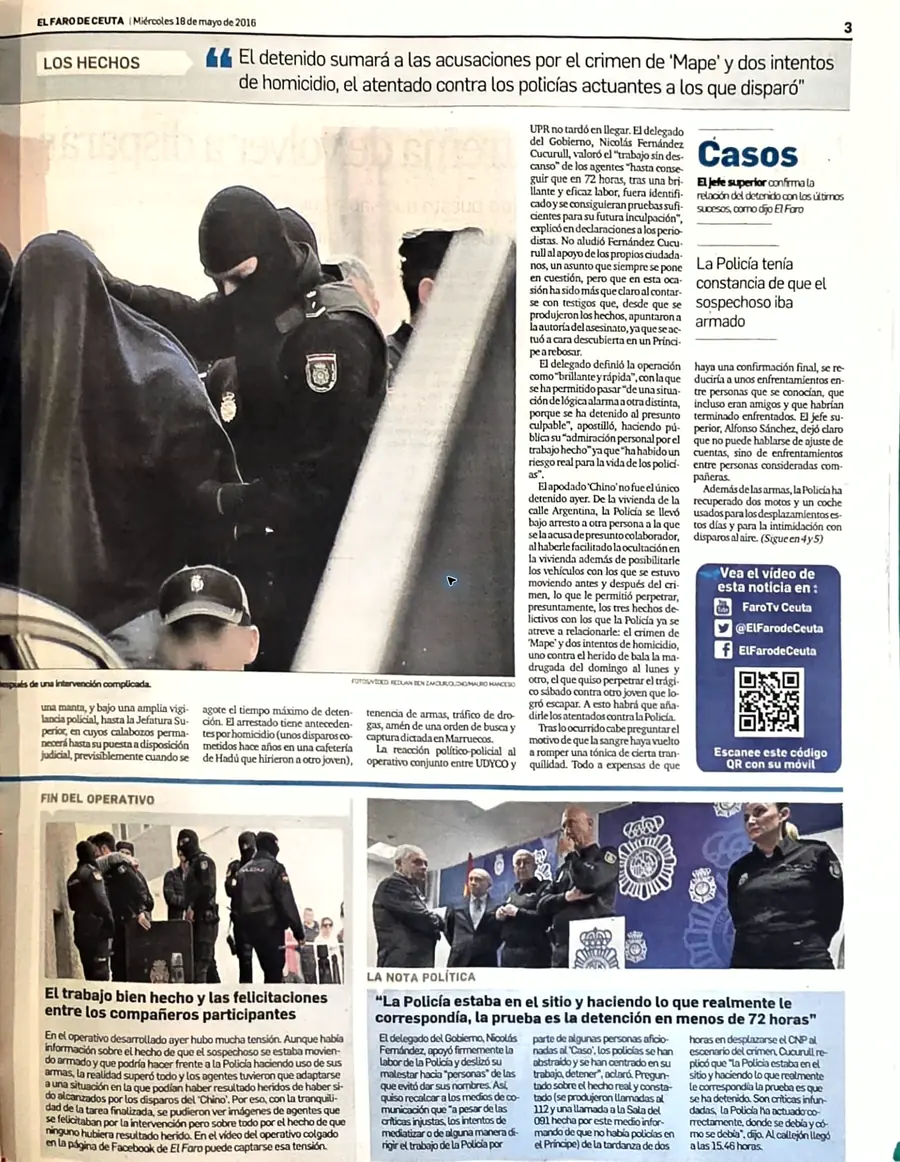 Recorte de prensa titulado «El detenido sumará a las acusaciones por el crimen de «Mape» y dos intentos de homicidio» publicado por El Faro de Ceuta.