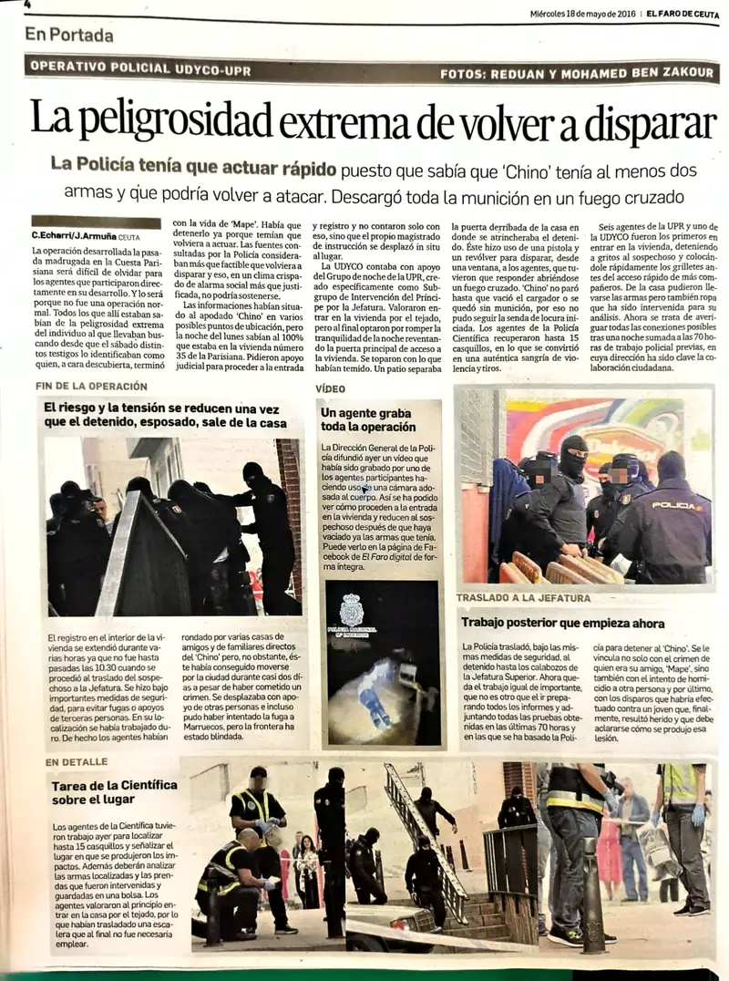 Recorte de prensa titulado «La peligrosidad extrema de volver a disparar» publicado por El Faro de Ceuta.