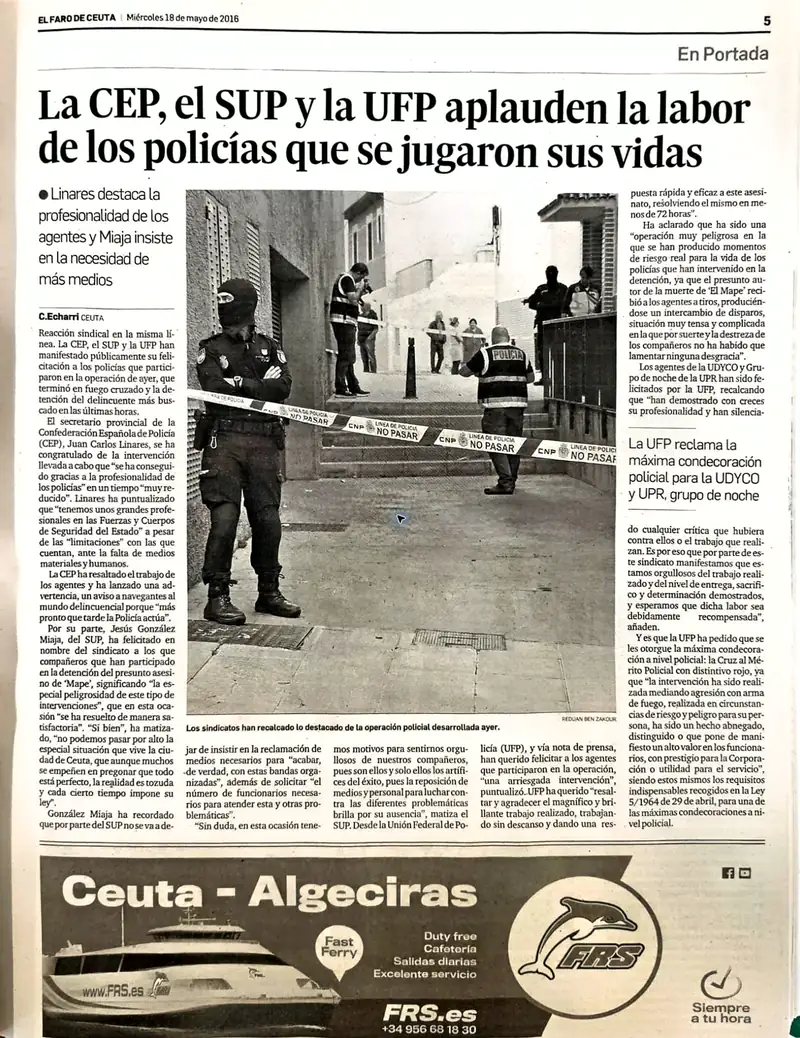 Recorte de prensa titulado «Los sindicatos policiales aplauden la labor de los agentes» publicado por El Faro de Ceuta.