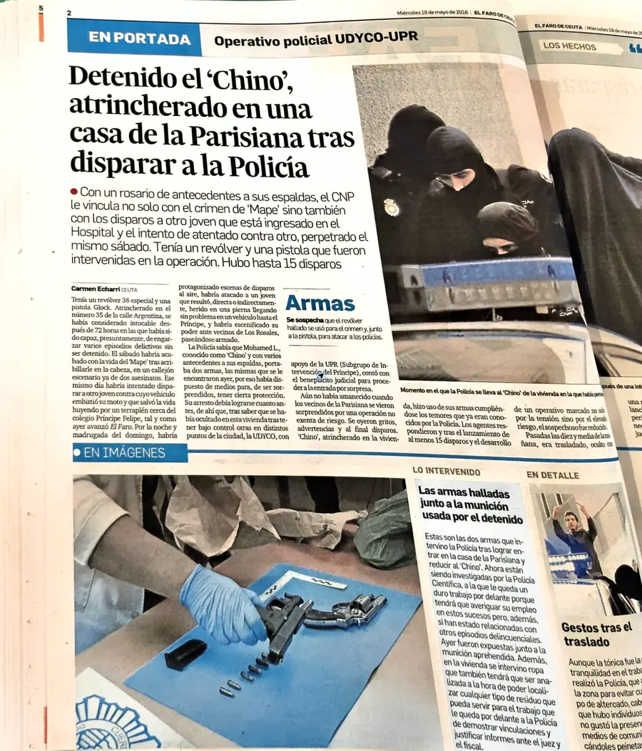 Recorte de prensa titulado «Detenido “Chino” en una operación de alto riesgo» publicado por El Faro de Ceuta.