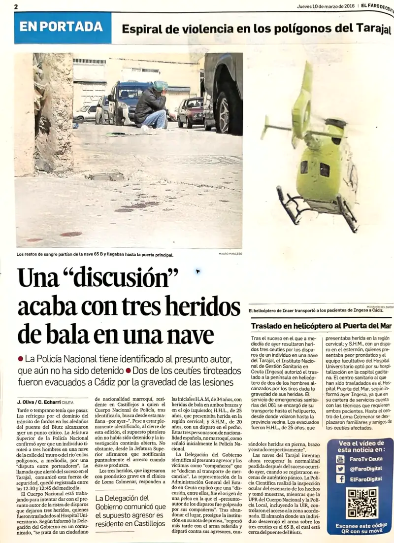 Recorte de prensa titulado «Una discusión acaba con tres heridos de bala en una nave» publicado por El Faro de Ceuta.