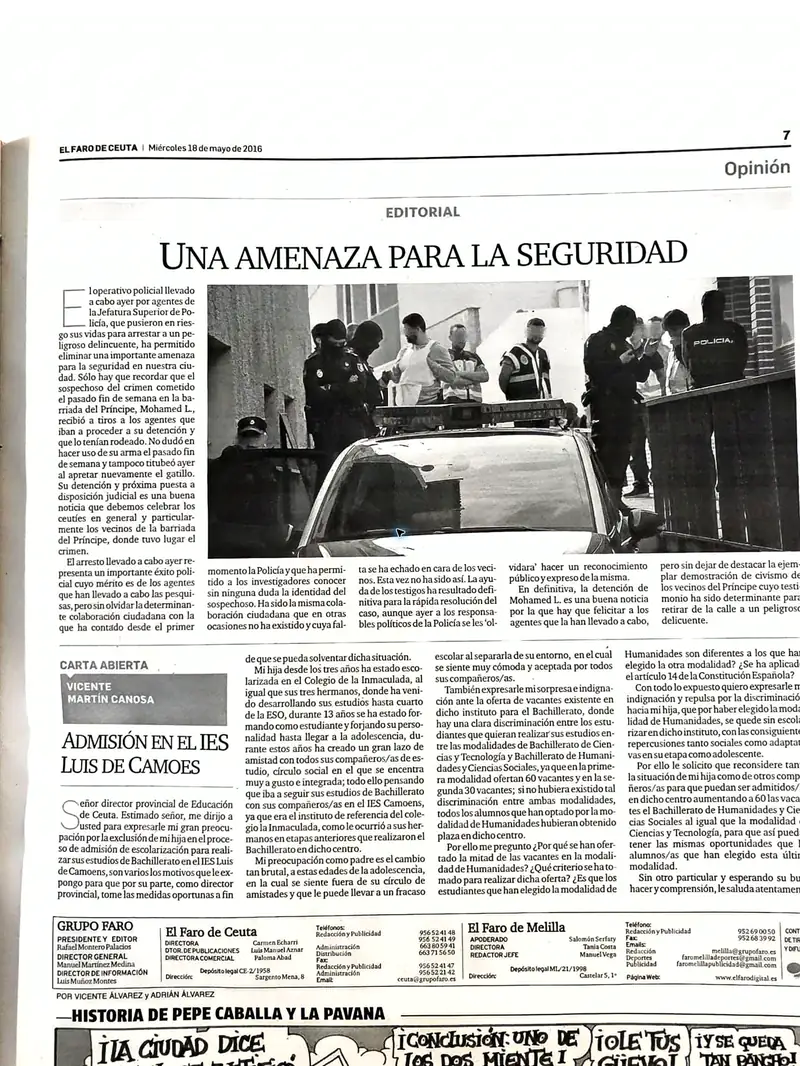Recorte de prensa titulado «Una amenaza para la seguridad» publicado por El Faro de Ceuta.