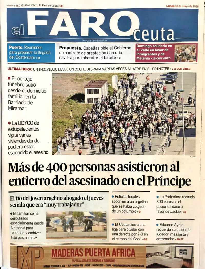 Recorte de prensa titulado «Más de 400 personas asistieron al entierro del asesinado en el Príncipe» publicado por El Faro de Ceuta.