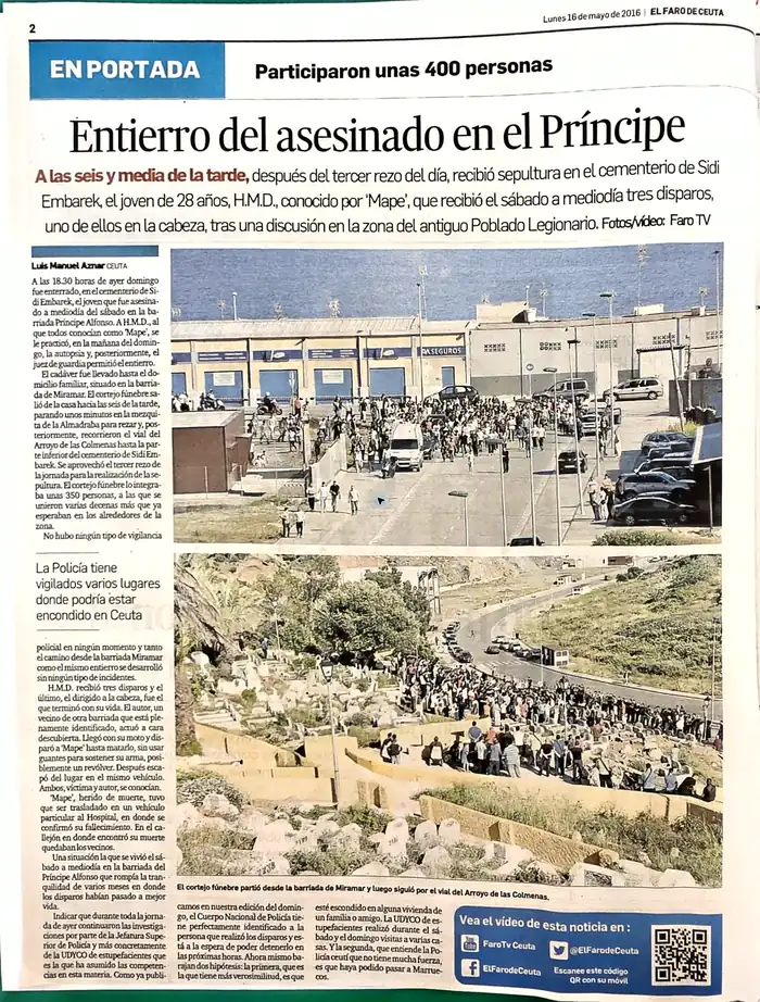 Recorte de prensa titulado «Entierro del asesinado en el Príncipe» publicado por El Faro de Ceuta.