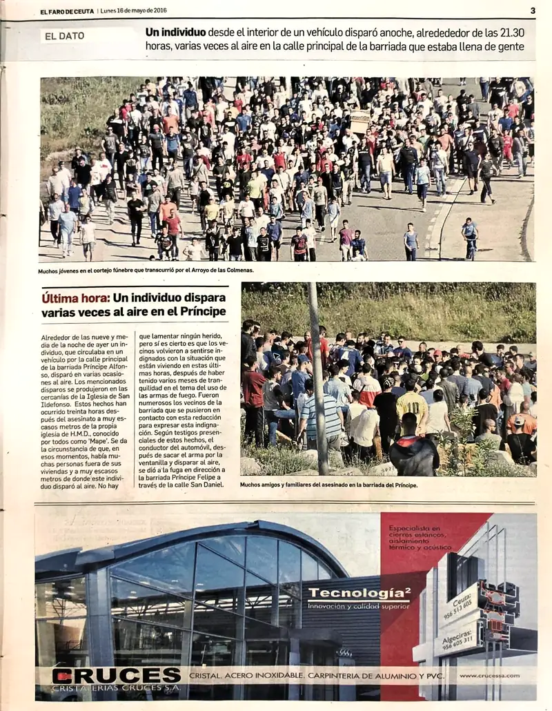 Recorte de prensa titulado «Un individuo dispara varias veces al aire en el Príncipe» publicado por El Faro de Ceuta.