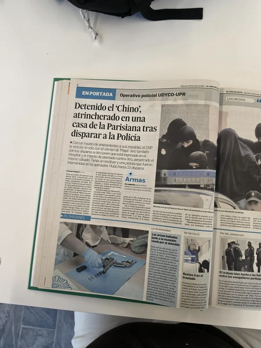 Recorte de prensa titulado «Detenido “Chino” en una operación de alto riesgo — archivo fotográfico» publicado por El Faro de Ceuta.