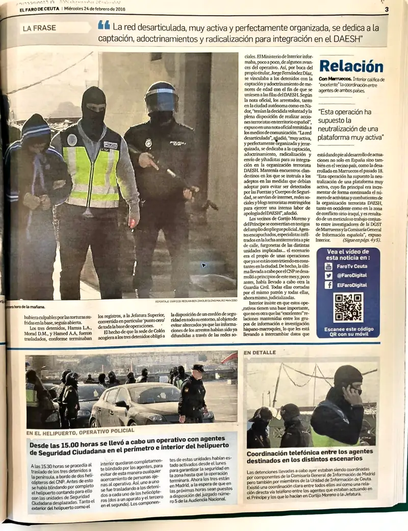 Recorte de prensa titulado «La red desarticulada, muy activa y perfectamente organizada» publicado por El Faro de Ceuta.