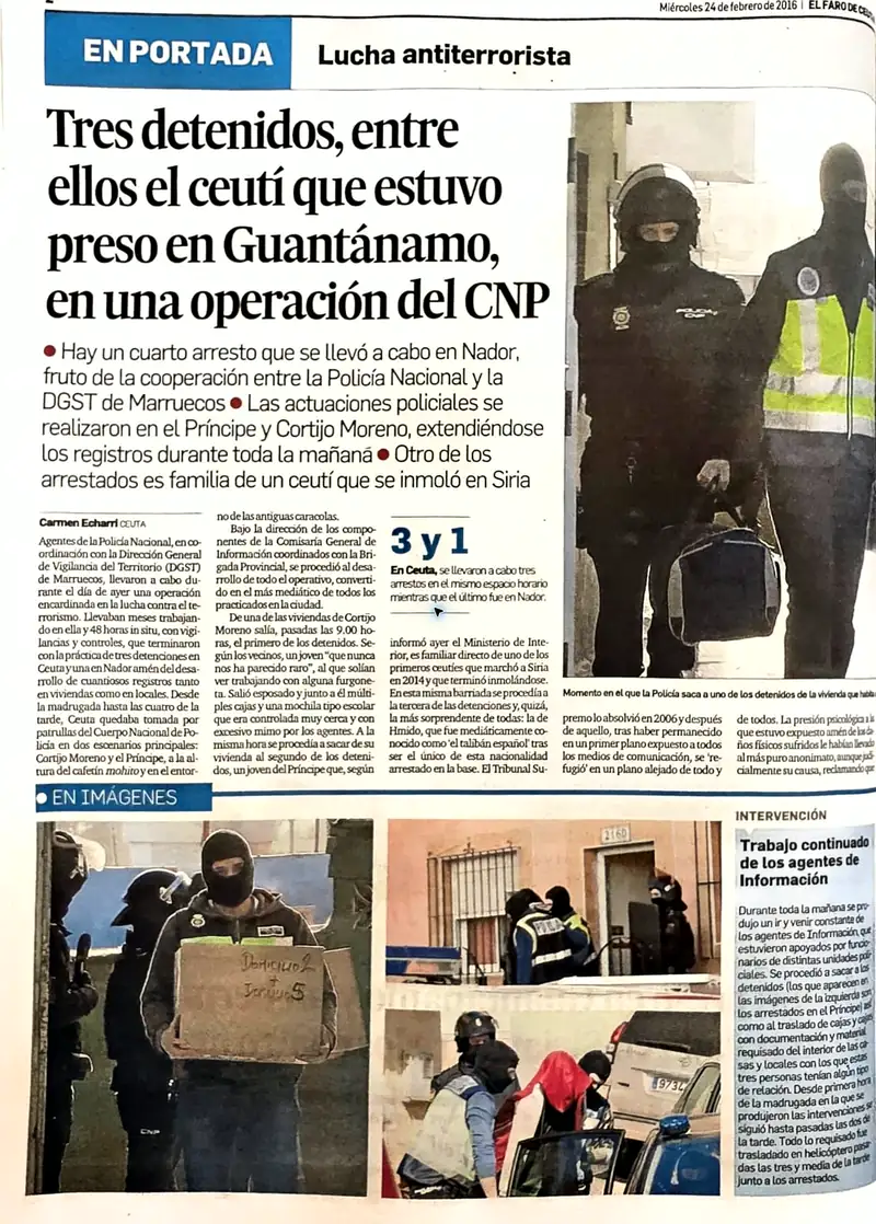 Recorte de prensa titulado «Tres detenidos en Ceuta en una operación conjunta contra el terrorismo» publicado por El Faro de Ceuta.