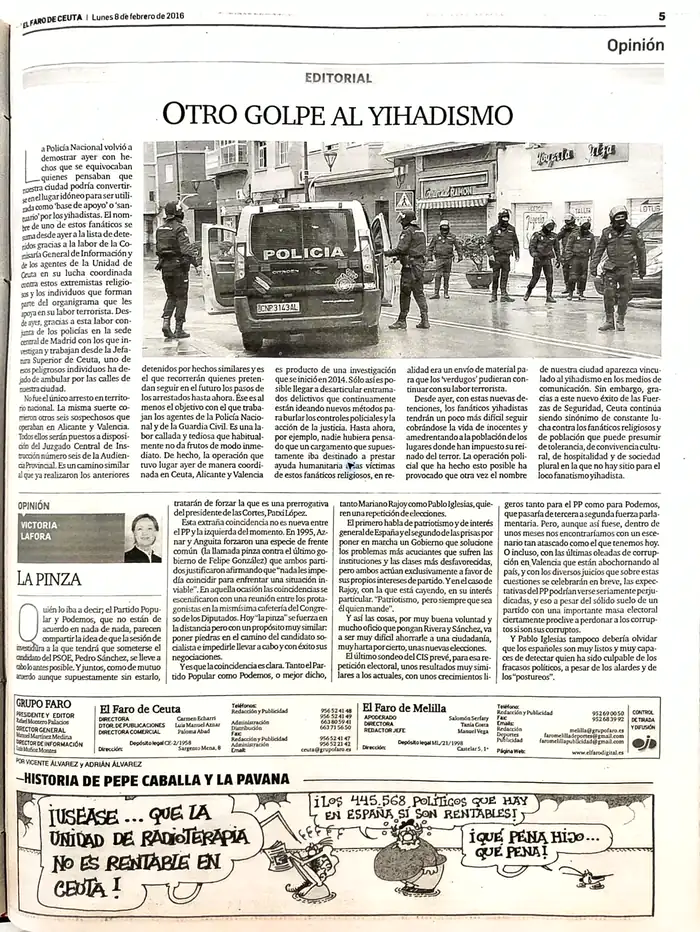 Recorte de prensa titulado «Otro golpe al yihadismo» publicado por El Faro de Ceuta.