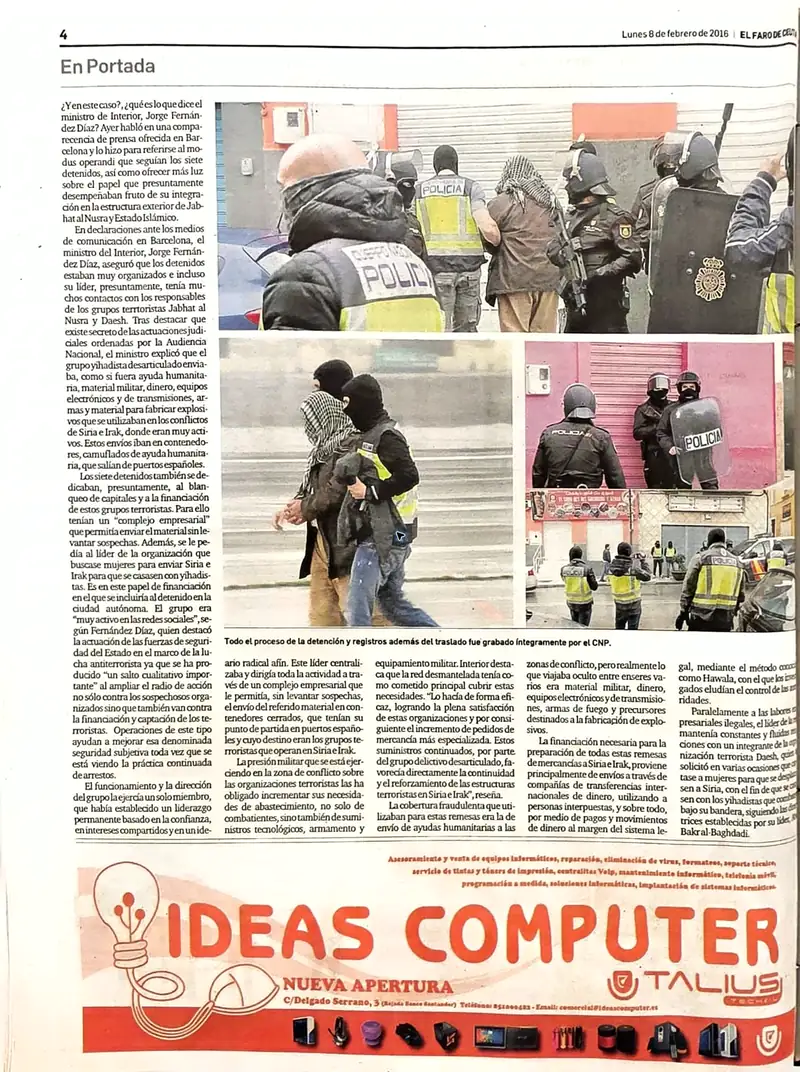 Recorte de prensa titulado «Despliegue policial durante una operación antiterrorista» publicado por El Faro de Ceuta.