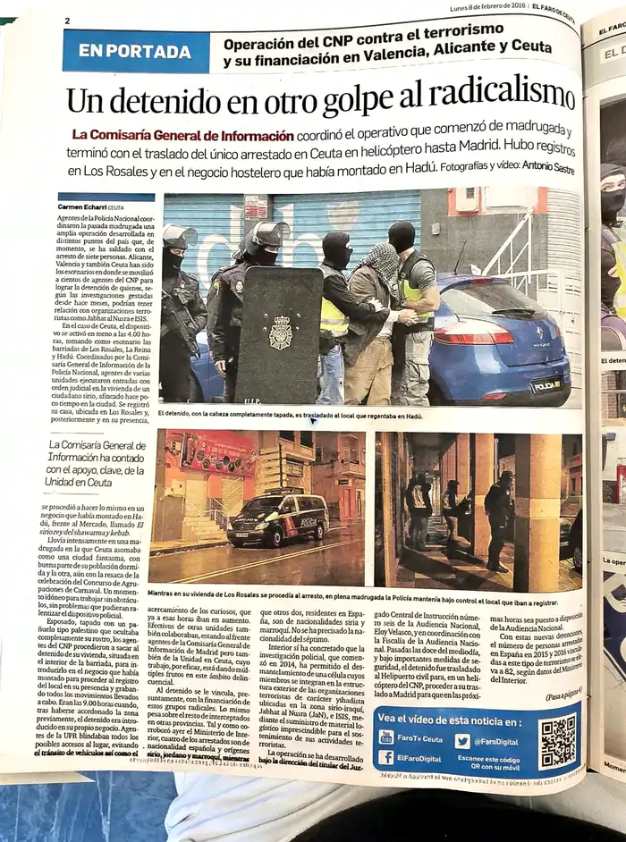Recorte de prensa titulado «Operación del CNP contra el terrorismo y su financiación» publicado por El Faro de Ceuta.