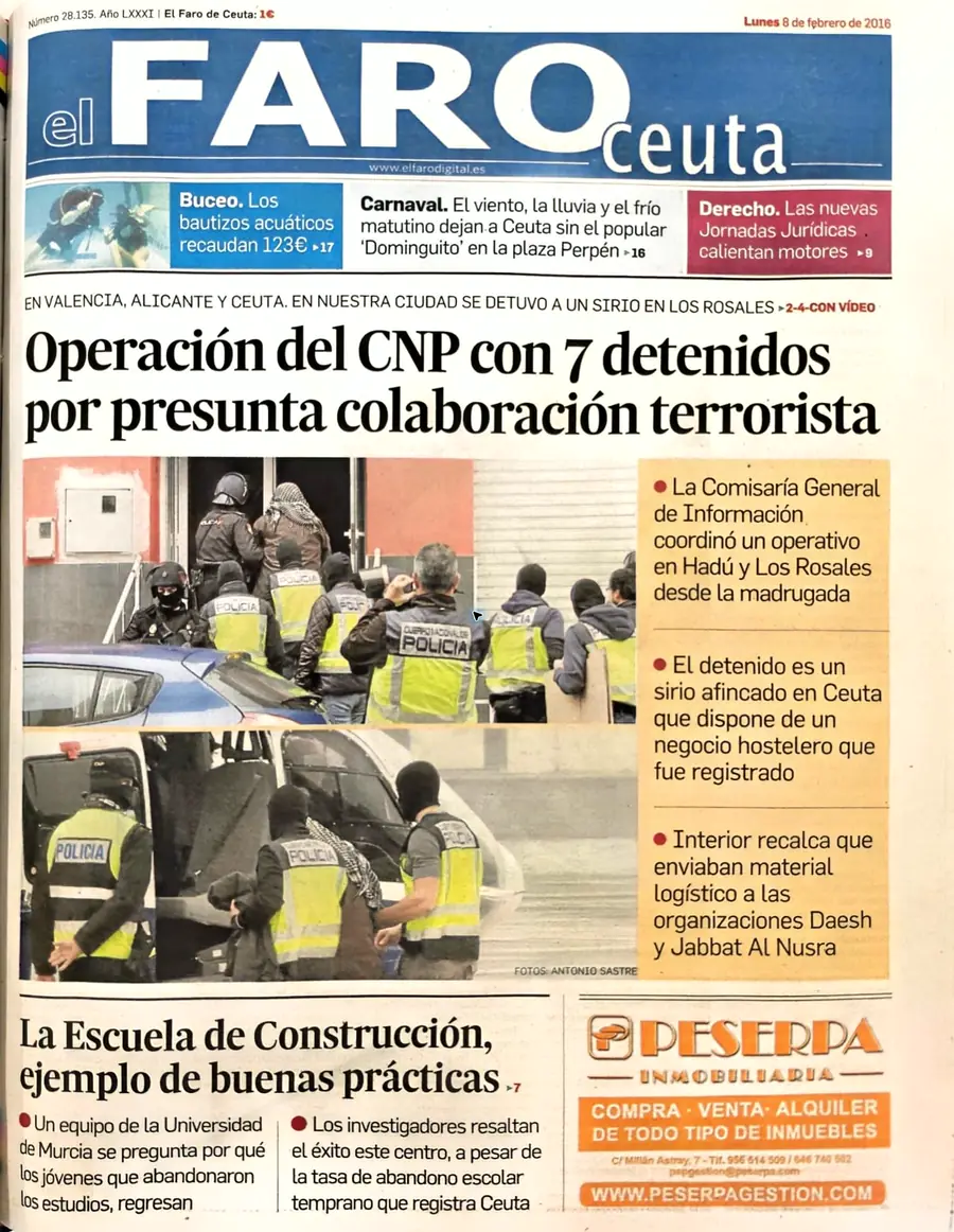 Recorte de prensa titulado «Operación del CNP con siete detenidos por presunta colaboración terrorista» publicado por El Faro de Ceuta.