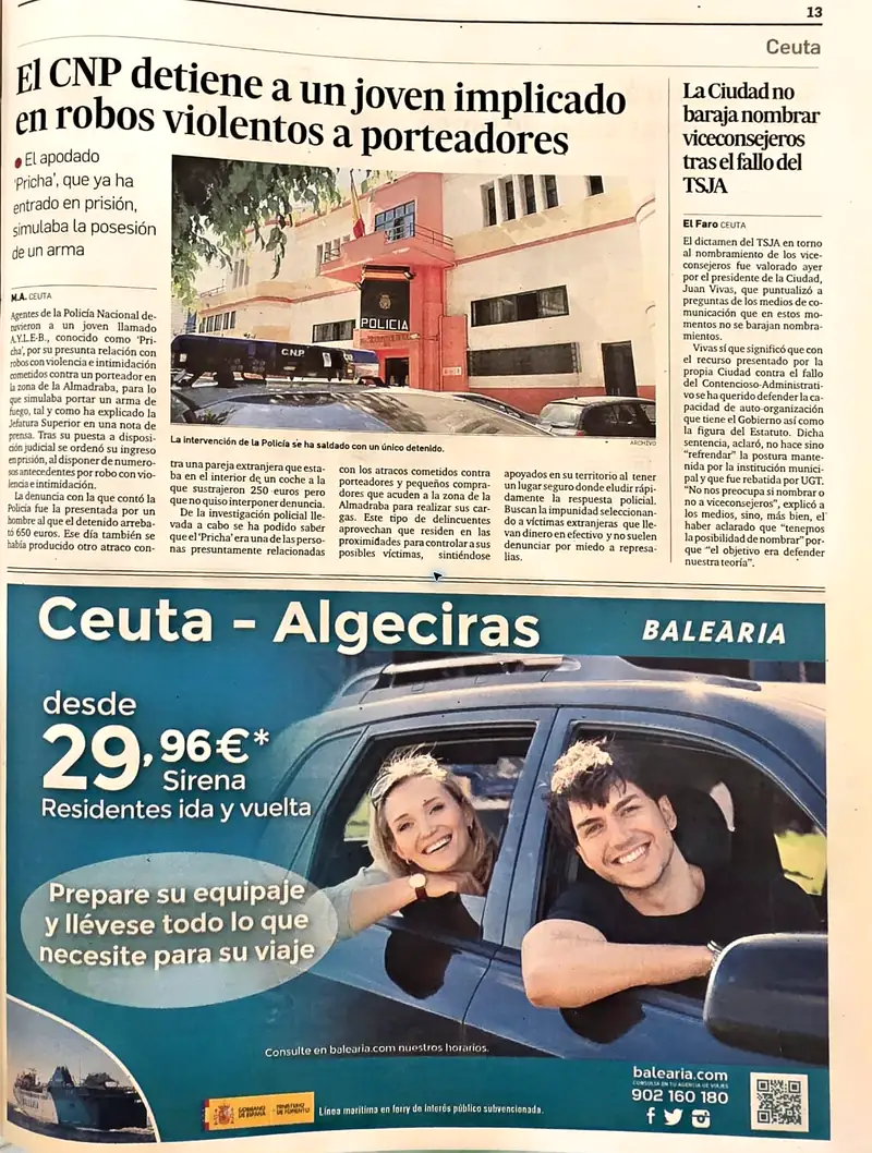 Recorte de prensa titulado «El CNP detiene a un joven implicado en robos violentos a porteadores» publicado por El Faro de Ceuta.