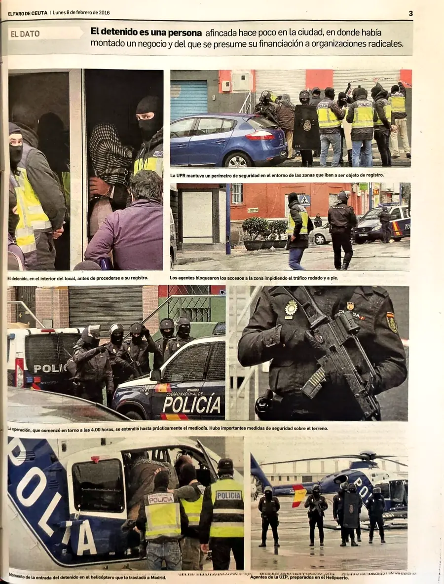 Recorte de prensa titulado «El detenido es una persona afincada hace poco en la ciudad» publicado por El Faro de Ceuta.
