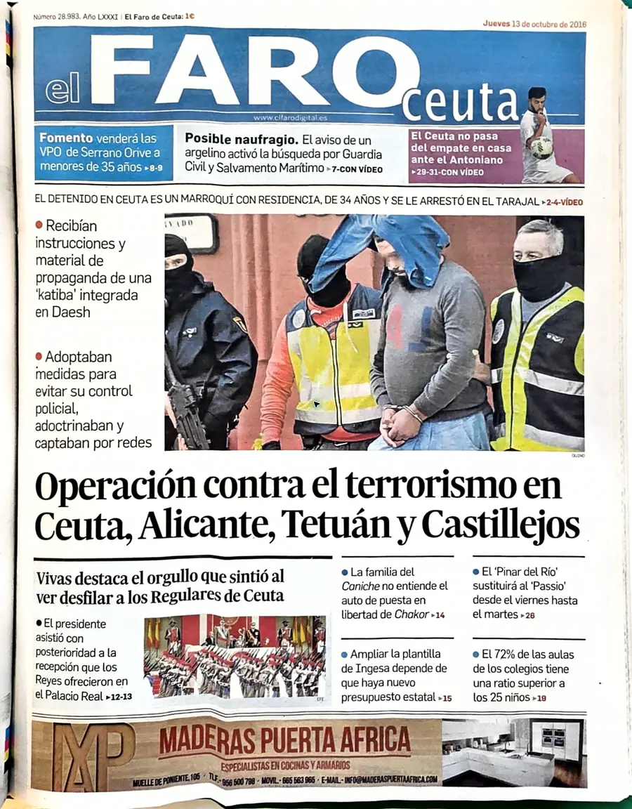 Recorte de prensa titulado «Operación contra el terrorismo en Ceuta, Alicante, Tetuán y Castillejos» publicado por El Faro de Ceuta.