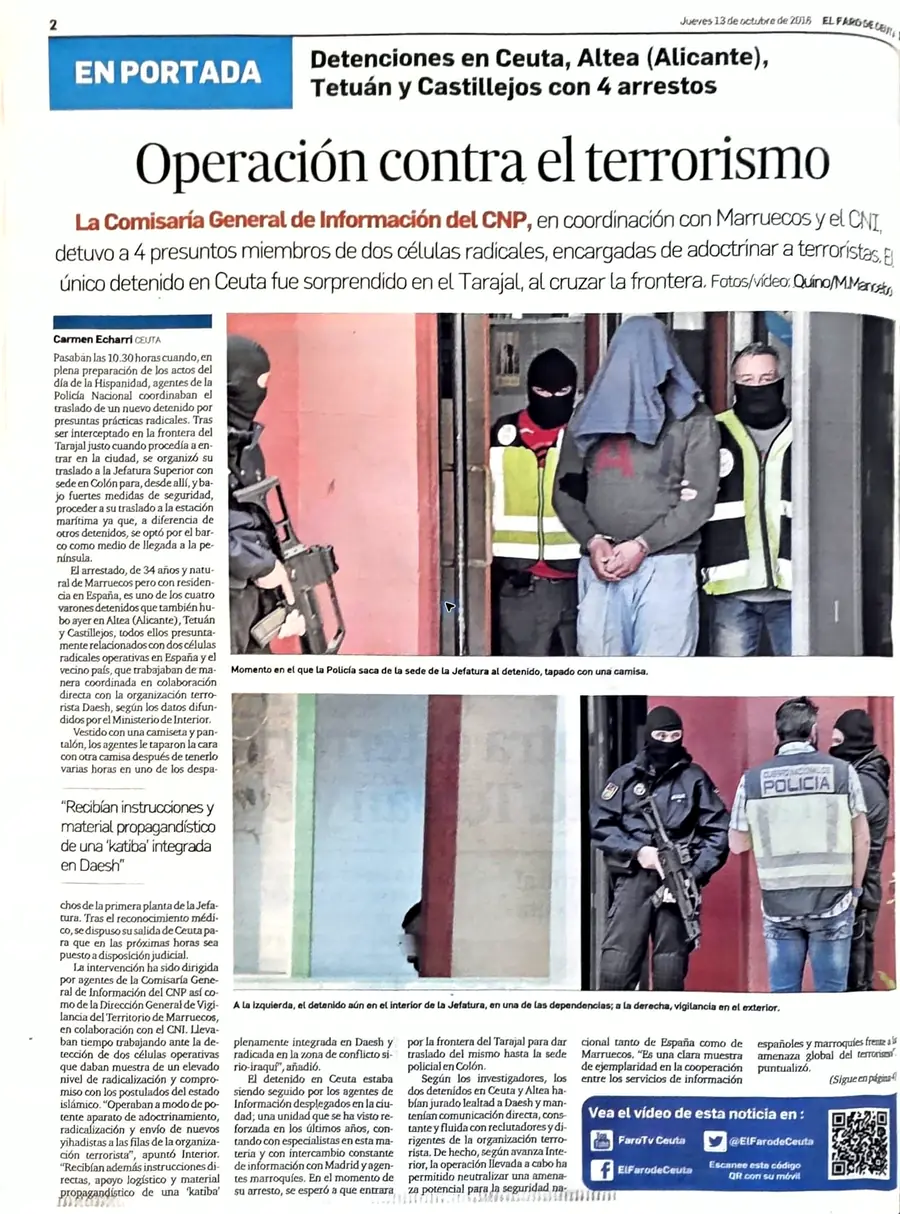 Recorte de prensa titulado «Operación contra el terrorismo» publicado por El Faro de Ceuta.