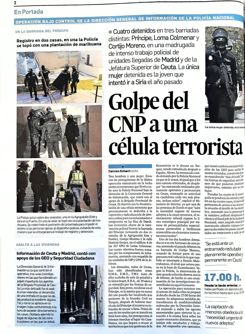Recorte de prensa titulado «Golpe del CNP a una célula terrorista» publicado por El Faro de Ceuta.