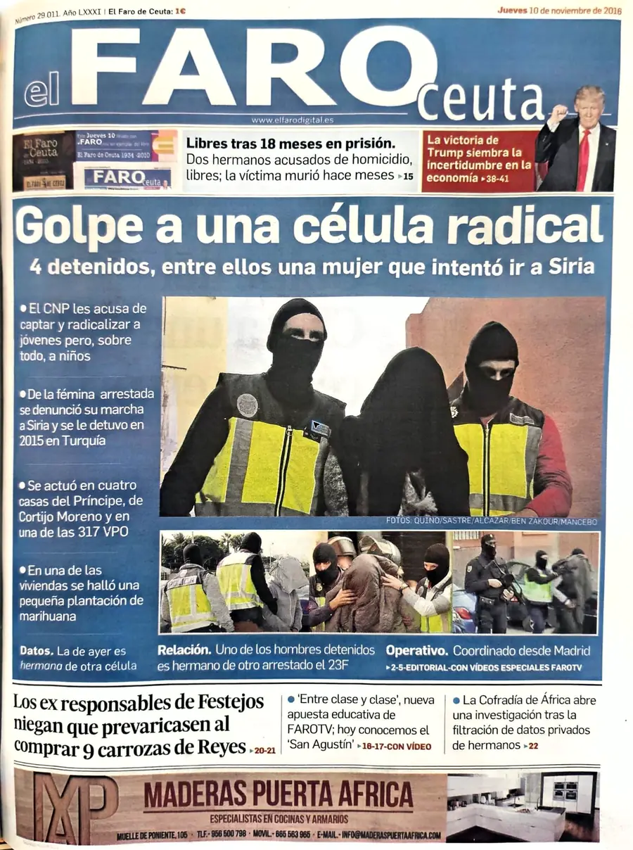 Recorte de prensa titulado «Golpe a una célula radical: cuatro detenidos» publicado por El Faro de Ceuta.